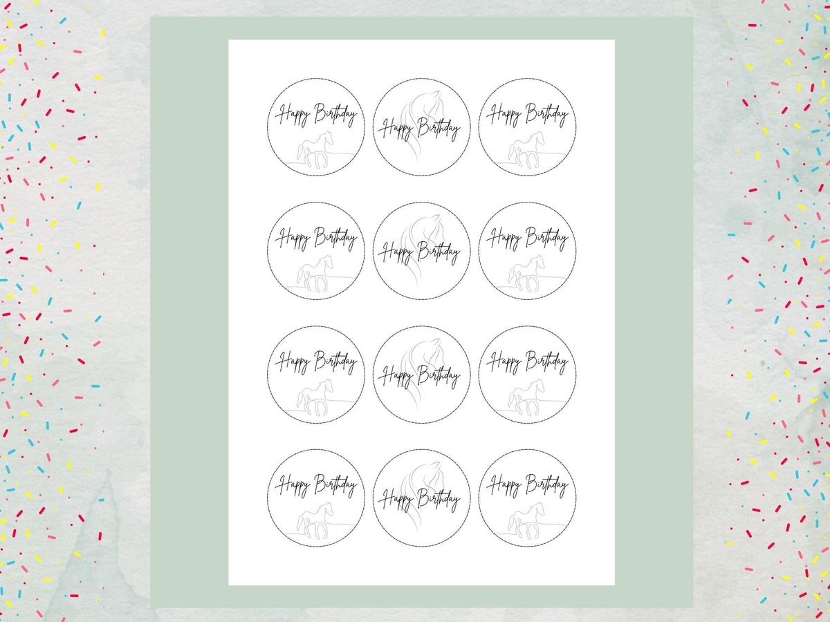 Horse Happy Birthday Edible Cupcake Toppers – 12 x 2" Pony Birthday Cake Decorations