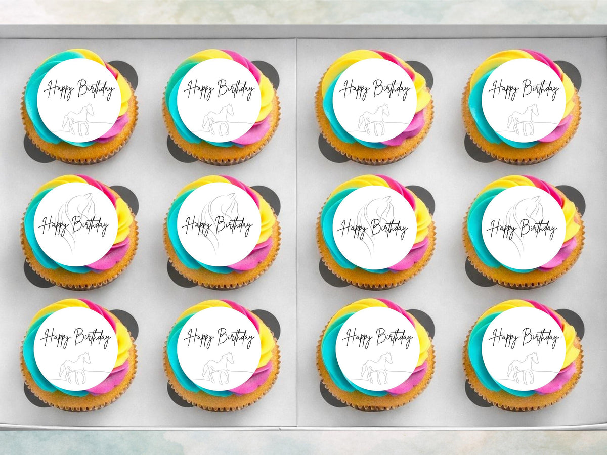 Horse Happy Birthday Edible Cupcake Toppers – 12 x 2" Pony Birthday Cake Decorations