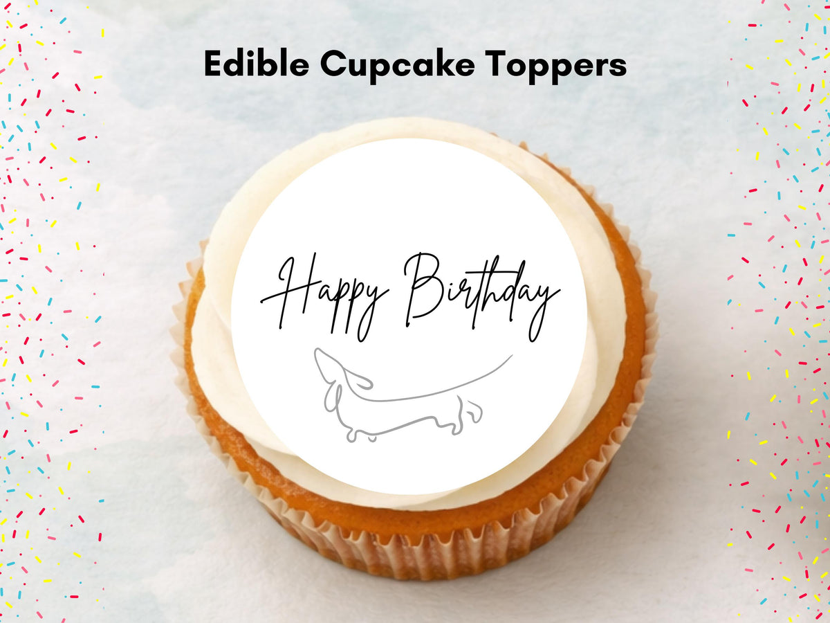 Dachshund Happy Birthday Edible Cupcake Toppers: Sausage Dog Cake Decorations (12 x 2")