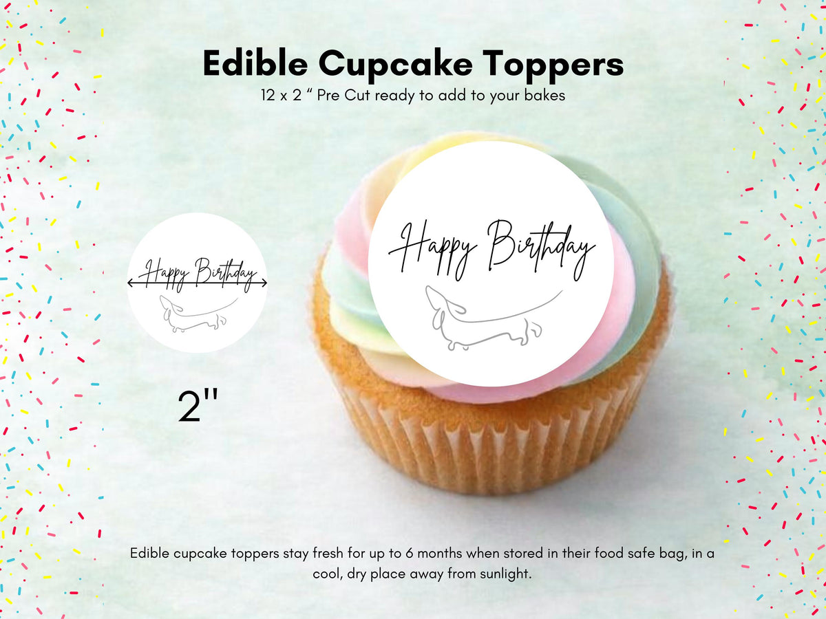 Dachshund Happy Birthday Edible Cupcake Toppers: Sausage Dog Cake Decorations (12 x 2")