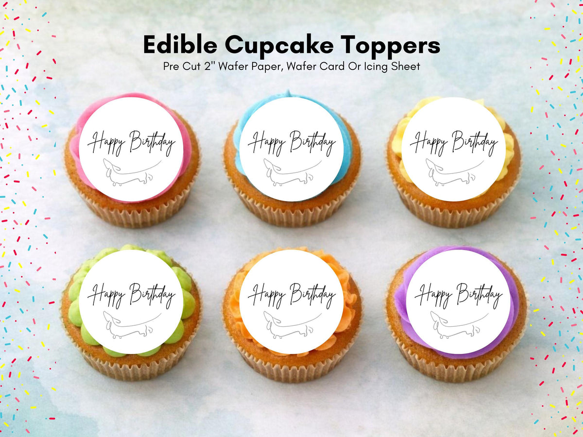 Dachshund Happy Birthday Edible Cupcake Toppers: Sausage Dog Cake Decorations (12 x 2")