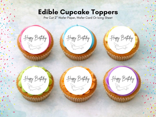 Dachshund Happy Birthday Edible Cupcake Toppers: Sausage Dog Cake Decorations (12 x 2")