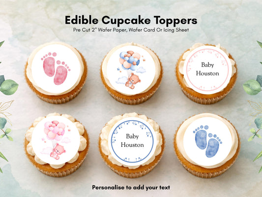 Personalised Gender Reveal Edible Cupcake Toppers: Pink & Blue Cake Decorations