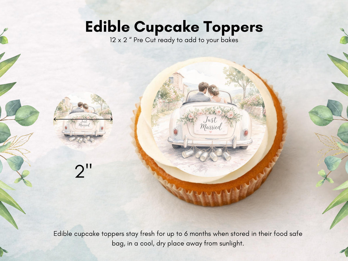 Just Married Edible Cupcake Toppers – 2" Wafer Paper, Card, or Icing