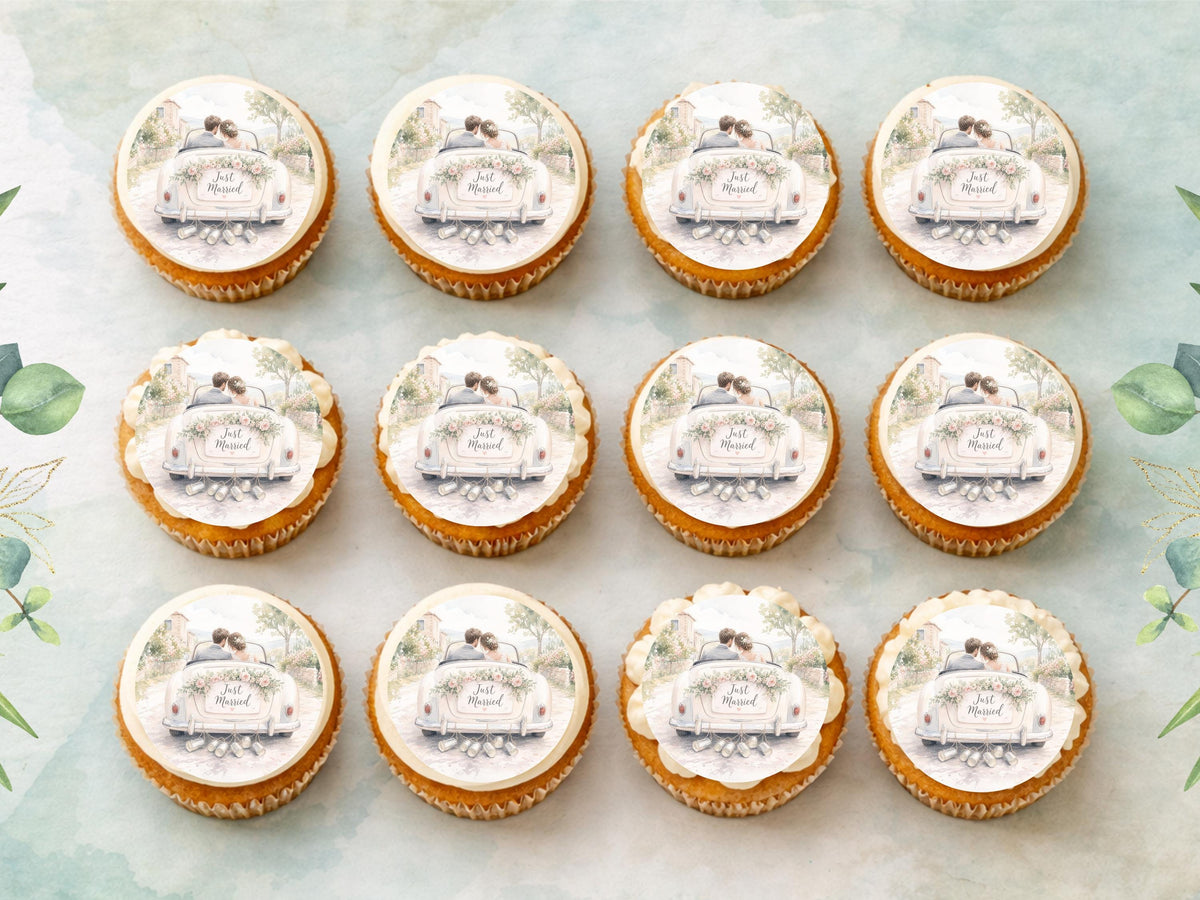 Just Married Edible Cupcake Toppers – 2" Wafer Paper, Card, or Icing
